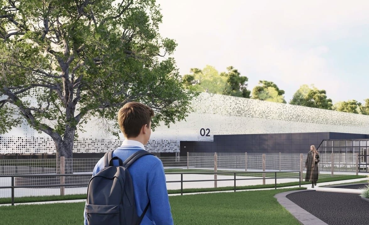 Estudiante con uniforme caminando hacia el acceso del campus, render del proyecto