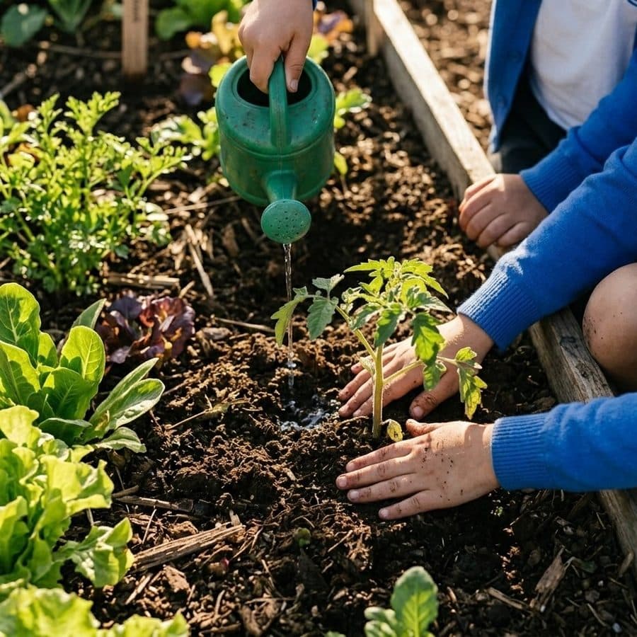 Manos regando y plantando en un cantero de la huerta
